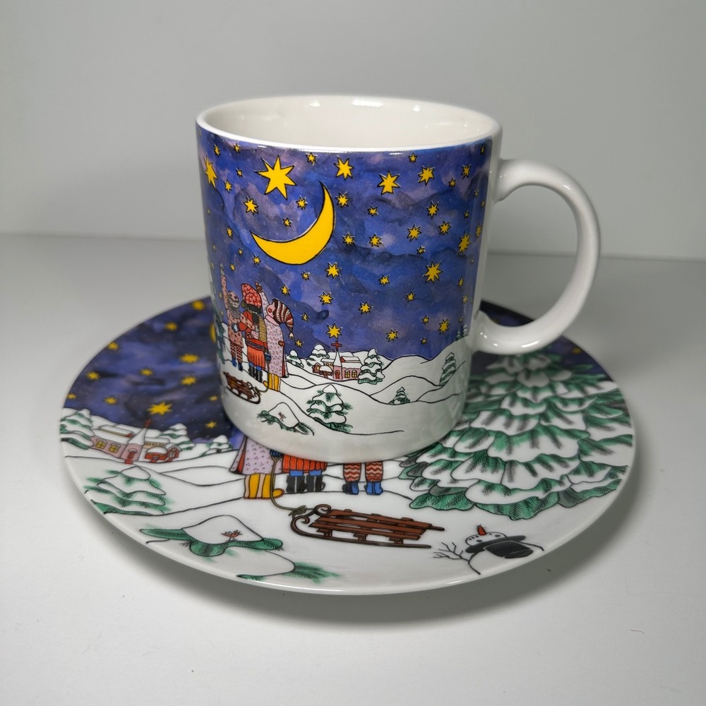 Vintage 1993 Kiki Christmas Star Mug and Saucer Set Made in Japan‎ Winter Scene